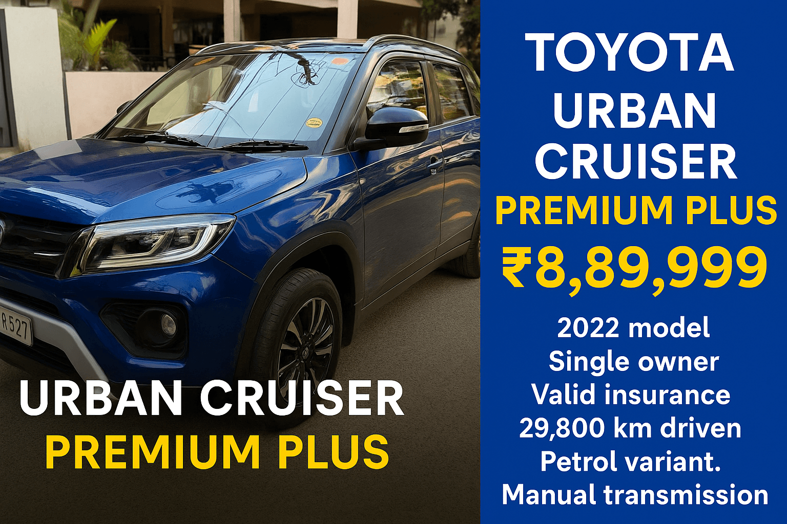 2022 Toyota Urban Cruiser Premium Plus for Sale in Bangalore – A Stylish, Feature-Packed SUV at ₹8.89 Lakhs
