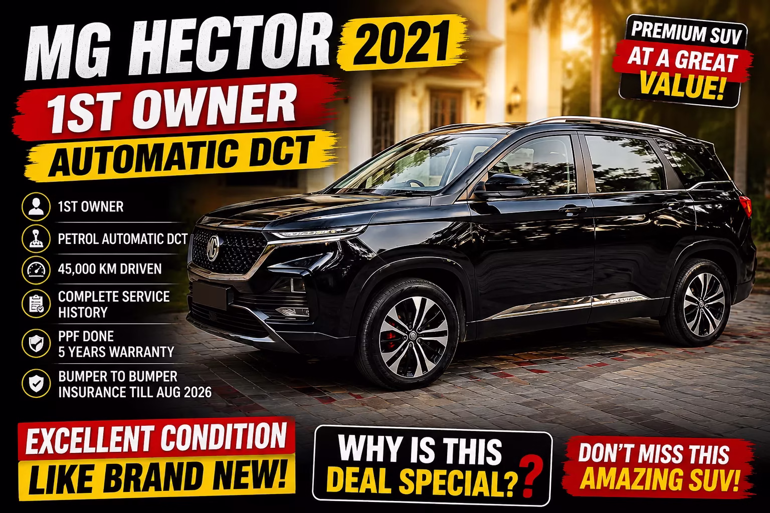 Used MG Hector Petrol Automatic DCT 2021 for Sale in Bangalore โ 1st Owner, 45,000 KM Driven Used MG Hector Petrol Automatic DCT 2021 for Sale in Bangalore โ 1st Owner, 45,000 KM Driven