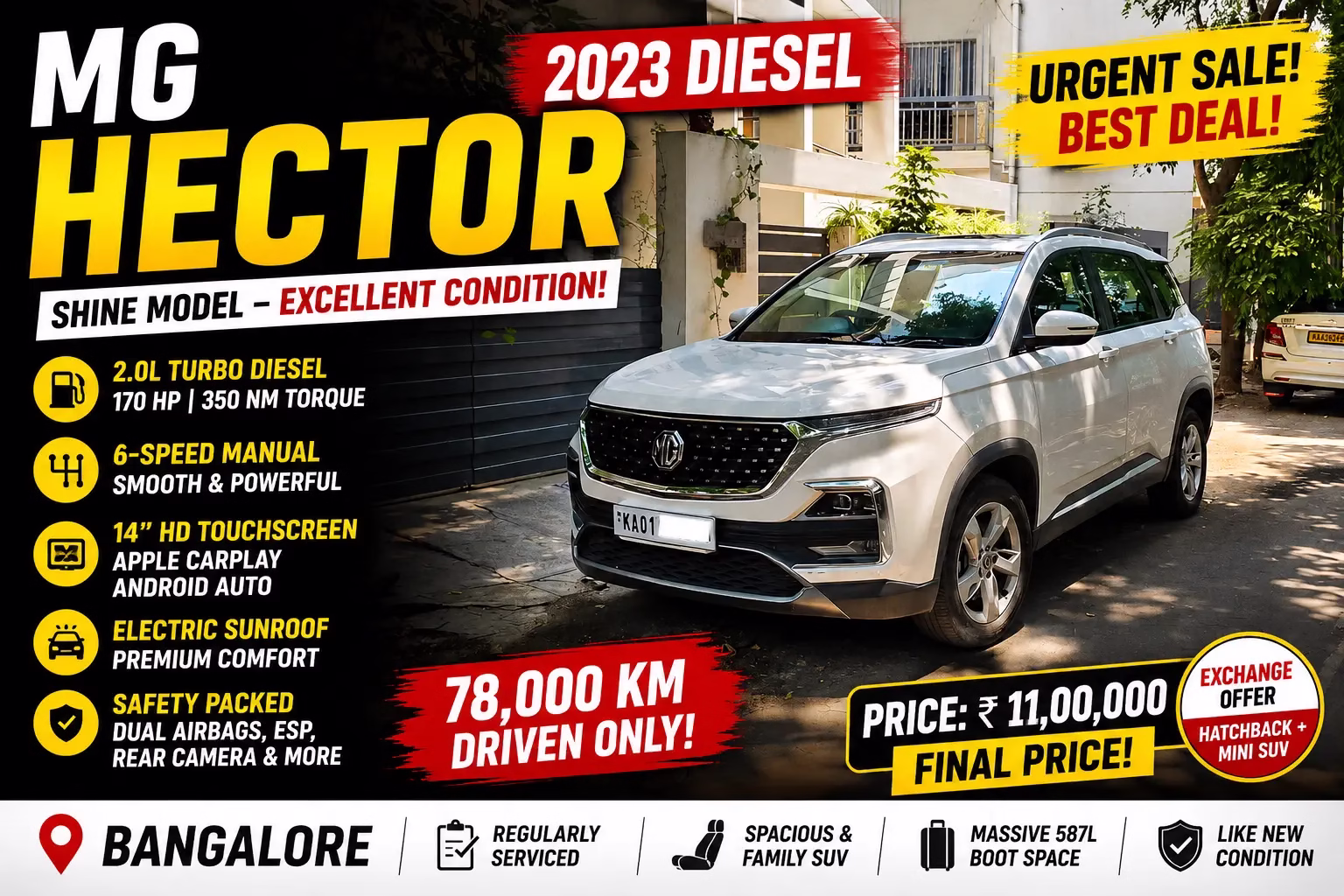 Used MG Hector Shine Diesel 2023 for Sale in Bangalore โ Owner Sale, Excellent Condition Used MG Hector Shine Diesel 2023 for Sale in Bangalore โ Owner Sale, Excellent Condition