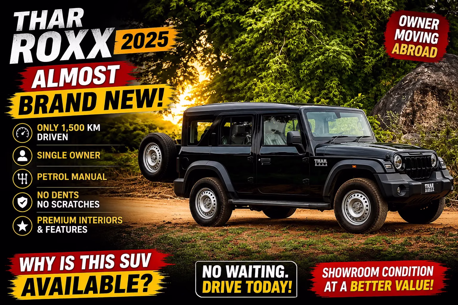 Used Mahindra Thar Roxx MX1 Petrol 2025 for Sale in Bangalore โ Only 1,500 KM Driven Used Mahindra Thar Roxx MX1 Petrol 2025 for Sale in Bangalore โ Only 1,500 KM Driven