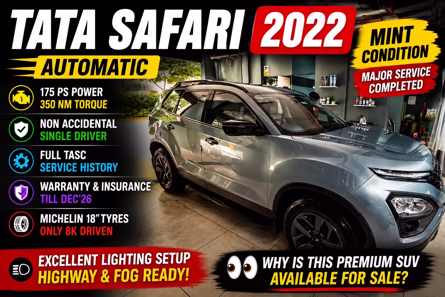 Used Tata Safari Automatic 2022 for Sale in Bangalore โ Single Driver, Mint Condition SUV Used Tata Safari Automatic 2022 for Sale in Bangalore โ Single Driver, Mint Condition SUV
