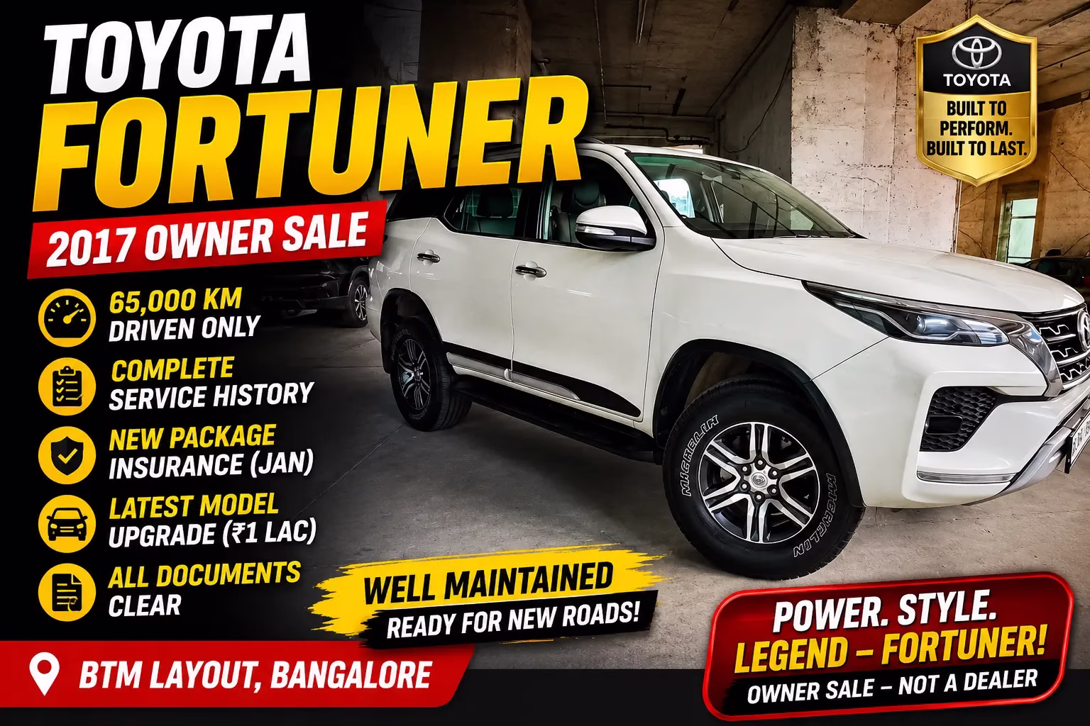 Used Toyota Fortuner 2017 for Sale in Bangalore โ Owner Sale, 65,000 KM Driven, Full Service History Used Toyota Fortuner 2017 for Sale in Bangalore โ Owner Sale, 65,000 KM Driven, Full Service History